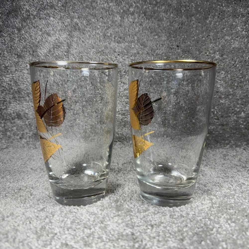 Libbey Highball Glasses Gold Leaf Mid Century‎ Modern Set of 2